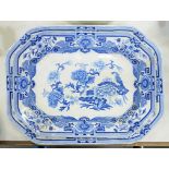 A GRADUATED PAIR OF MASON'S IRONSTONE BLUE AND WHITE DISHES, 47 AND 54CM L, PRINTED BANNER MARK, MID