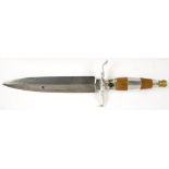 A SHEFFIELD ETCHED STEEL BOWIE OR HUNTING KNIFE, WITH BRASS AND ACRYLIC MOUNTED WOOD HILT, 36.5CM L,