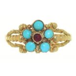 AN ANTIQUE TURQUOISE AND RUBY RING IN GOLD, UNMARKED, 2.5G, SIZE O++ABRASIONS TO RUBY, LIGHT