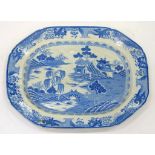 A MASON'S BLUE PRINTED IRONSTONE CHINOISERIE DISH, 53CM L, IMPRESSED AND PRINTED MARKS AND