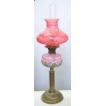 A VICTORIAN BRASS OIL LAMP WITH MOULDED AND BLANCMANGE PINK SHADED AND ENAMELLED GLASS FOUNT,