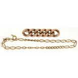 A GOLD CURB BROOCH, MARKED 9CT AND A GOLD CURB BRACLET, UNMARKED, 8.5G++BRACELET CLASP DAMAGED, WEAR