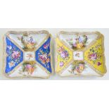 TWO DRESDEN CUSHION SHAPED DISHES, PAINTED WITH PANELS OF FIGURES ALTERNATING WITH FLOWERS ON A BLUE