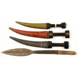 THREE HORN HANDLED EASTERN DAGGERS AND AN AFRICAN SPEAR, LATE 19TH AND EARLY 20TH C