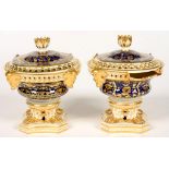 A PAIR OF DERBY COBALT GROUND AND RICHLY GILT POT POURRI VASES AND COVERS, OF COMPRESSED CAMPANA