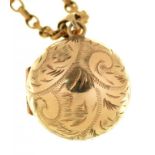 A 9CT GOLD CHASED LOCKET ON GOLD CHAIN, 20.5G++LIGHT SCRATCHES CONSISTENT WITH AGE, CARDBOARD