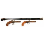 A PAIR OF EARLY 19TH C ENGLISH BOXLOCK PERCUSSION PISTOLS, INCOMPLETE AND A VICTORIAN CARVED AND