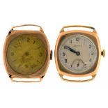 TWO BERNEC 9CT GOLD CUSHION SHAPED WRISTWATCHES, 32G++ONE BADLY DAMAGED, ONE WITH GENERAL WEAR