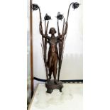 A FIN DE SIECLE STYLE BRONZE METAL NYMPH FIGURAL LAMP, STANDING AMIDST RUSHES, BENEATH FOUR ARCHED