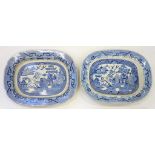 TWO BLUE PRINTED EARTHENWARE WILLOW PATTERN DISHES, 53 AND 57CM L, MID 19TH C