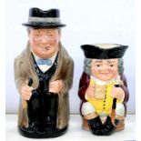 TWO ROYAL DOULTON TOBY JUGS - WINSTON CHURCHILL AND JOLLY TOBY, THE FIRST 22CM H, PRINTED MARK