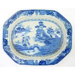 A BLUE PRINTED BONE CHINA CHINOISERIE DISH, 49CM L, C1810