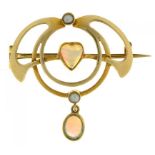 AN ART NOUVEAU HEART SHAPED OPAL AND SEED PEARL BROOCH BY MURRLE BENNETT & CO, IN GOLD MARKED