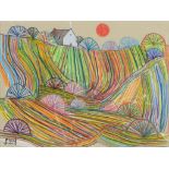 RICHARD FRIEND, LANDSCAPE, SIGNED AND DATED, CRAYON, UNFRAMED, 22 X 29CM