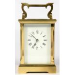 A FRENCH BRASS CARRIAGE CLOCK WITH REPLACEMENT PLATFORM LEVER ESCAPEMENT, 11.5CM H EXCLUDING HANDLE,