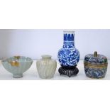 A CHINESE BLUE AND WHITE BOTTLE SHAPED VASE, 11CM H, JIAJING MARK, A FLUTED CELADON GLAZED BOWL, A