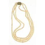 A TRIPLE ROW CULTURED PEARL NECKLACE WITH 9CT GOLD PEARL SET CLASP, LONDON 1983, 39.5G++LIGHT WEAR