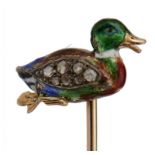 A GOLD STICKPIN WITH DIAMOND SET GOLD AND ENAMEL DUCK TERMINAL, C1900 with old cut diamonds,