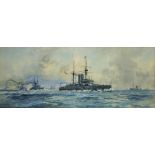 †FRANK WATSON WOOD (1862-1953) THE ATLANTIC FLEET LEAVING GIBRALTAR HARBOUR signed, dated 1906 and