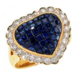 A SAPPHIRE AND DIAMOND RING of heart shape, with 'invisibly' set calibre cut sapphires in diamond