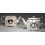 TWO FELDSPATHIC STONEWARE TEAPOTS AND COVER, EARLY 19TH C the bright green or brown ground