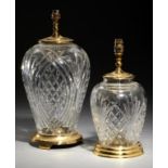 A PAIR OF WATERFORD BRASS MOUNTED CUT GLASS TABLE LAMPS, LATE 20TH C 42cm h excluding fitment,