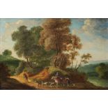 ATTRIBUTED TO LUCAS ACHTSCHELLINCK (1626-1699) A WOODED RIVER LANDSCAPE WITH TRAVELLERS oil on