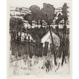 †PHILIP GREENWOOD, RE (1943-) UPPER CORRIS; COTTAGE SMOKE etchings with margins, both signed by
