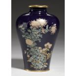 A JAPANESE MIDNIGHT BLUE GROUND CLOISONNE ENAMEL VASE, MEIJI 12.5cm h, unmarked ++Painted over