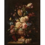 FRENCH SCHOOL, 18TH CENTURY FLOWERS IN A MARBLE URN oil on canvas, 48 x 38cm++Extensive old paint