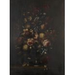 CONTINENTAL SCHOOL, 19TH/20TH CENTURY FLOWERS IN A GLASS VASE, oil on canvas, 76 x 56cm++Much dirt