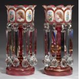A PAIR OF BOHEMIAN OVERLAY GLASS LUSTRES, LATE 19TH C painted with the head of an attractive young