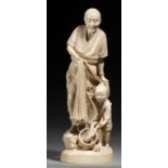 A TOKYO SCHOOL ONE PIECE IVORY OKIMONO OF A FISHERMAN AND CHILD, MEIJI PERIOD signed Hidemitsu on