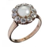 A PEARL AND DIAMOND CLUSTER RING with old cut diamonds, 4.4g, size O++Good condition, the