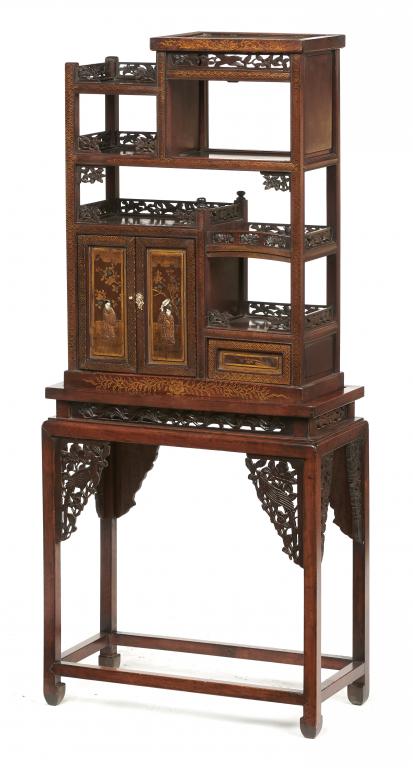 A JAPANESE CARVED AND LACQUERED WOOD CABINET AND STAND, MEIJI PERIOD the pair of doors with panels