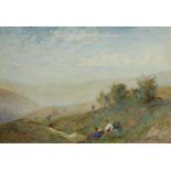 ROBERT THORNE WAITE. RWS (1842-1935) PICNIC ON A HILLSIDE signed, watercolour, 35 x 51.5cm++Pigments