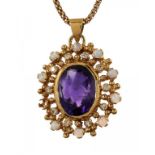 AN AMETHYST, OPAL AND DIAMOND PENDANT with larger central amethyst, 2.9cm, indistinct maker's