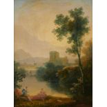 ATTRIBUTED TO WILLIAM PENGREE SHERLOCK (1775-C1821) CLASSICAL LANDSCAPE WITH FIGURES BY A RIVER with