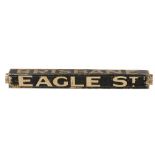 AUSTRALIA. A BLACK AND WHITE PAINTED SQUARE WOOD DESTINATION SIGN - BRISBANE EAGLE ST SANDGATE AND