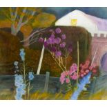 †JOAN CONNELL, RCA- (1925-) FENCE AND BUILDING signed and dated '96, mixed media, 72 x 82cm++In good