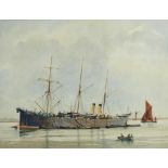 E W BAKER (FL. LATE 19TH-EARLY 20TH C)PORTRAIT OF THE BRITISH FREIGHTER "FARADAY" AT ANCHOR