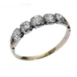 A DIAMOND RING with a line of five cushion shaped old cut diamonds, gold hoop, 1.9g, size R++