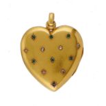 A HEART SHAPED GOLD LOCKET, C1900 the front set with a pattern of emeralds and rose diamonds,