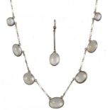 A MOONSTONE AND SILVER NECKLET AND A SIMILAR EARRING, EARLY 20TH C necklet 39cm l, 8.9g++Good