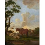 DUTCH SCHOOL, 19TH CENTURY LANDSCAPE WITH FIGURES AND LIVESTOCK oil on panel, 38 x 30cm++Panel