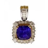 A TANZANITE AND DIAMOND PENDANT the square cluster with larger intense coloured cushion shaped