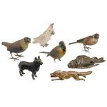 FOUR VIENNESE COLD PAINTED BRONZE SCULPTURES OF BIRDS AND A FOX, C1900 10cm h and c, three stamped