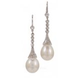 A PAIR OF PEAR SHAPED CULTURED PEARL AND DIAMOND EARRINGS in white gold, fully articulated, wire