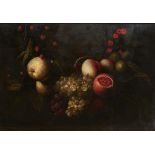 18TH C FOLLOWER OF JORIS VAN SON PEACHES GRAPES APPLES, CHERRIES AND OTHER FRUIT oil on canvas, 34 x