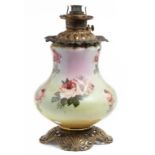 A NORTH AMERICAN LACQUERED BRASS OPENWORK AND GLASS OIL LAMP, C1890 the detachable fount and ROYAL